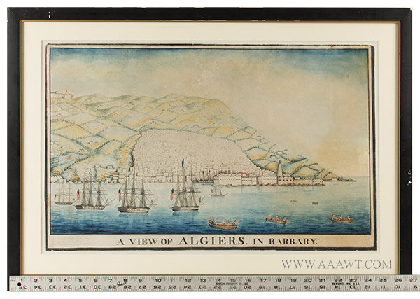 Watercolor, View of Algiers in Barbary, American Ships in Harbor, Naval History
Anonymous, inscription in margin identifying United States, Java & Constitution, scale view